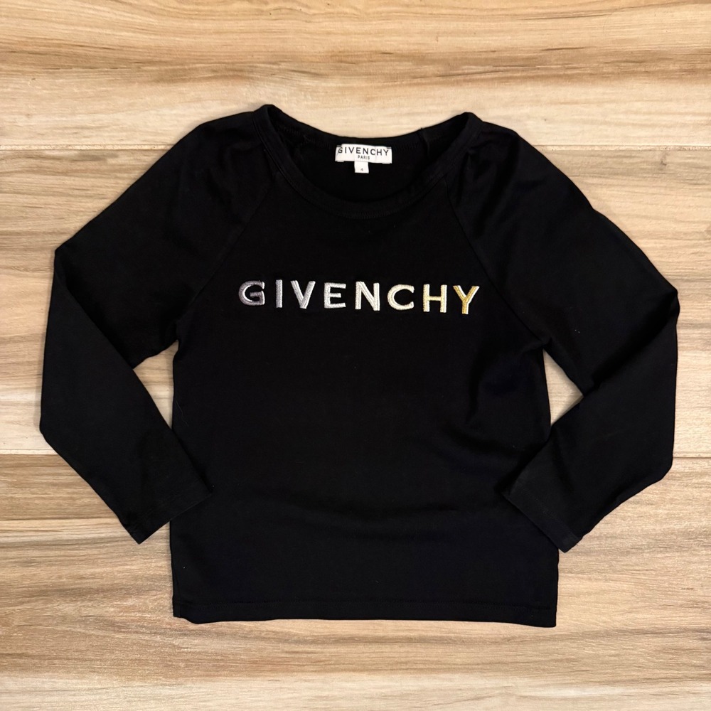 Givenchy Paris Kids Black Long Sleeve Logo T-Shirt Metallic Embroidery Size 4